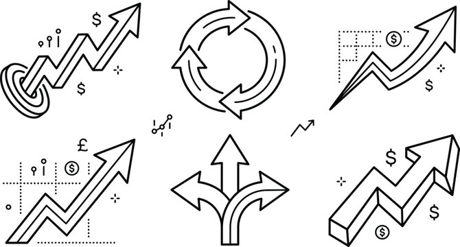 Financial growth vector icon set featuring business arrow charts cycle split graph trend increase and profit statistics elements