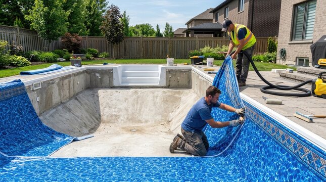 Two construction workers are installing a blue vinyl liner into a concrete swimming pool. One worker is carefully stretching the liner over the pool walls while the other secures it with a tool.