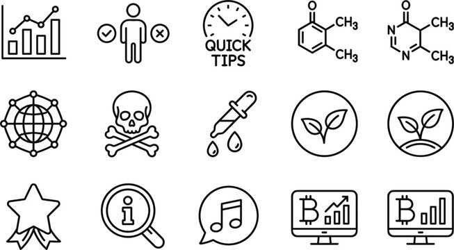 Universal black thin line vector icons set with business chart science molecules skull hazard bitcoin crypto ecology and quick tips symbols