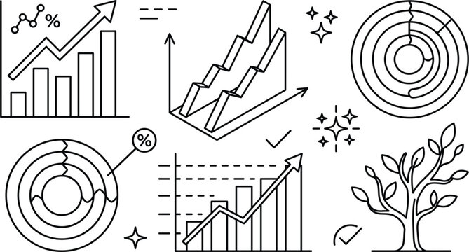 Financial growth chart vector illustration set line art drawing with bar graphs analytics concentric pie diagrams and tree