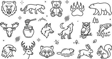 Forest wildlife line icon set featuring bear wolf fox owl eagle deer raccoon moose squirrel rabbit and beaver. © MDSAIFUL