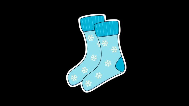 Seamless looping animation of a swinging pair of blue winter socks with snowflake motifs for fashion concepts. Flat style sticker design element isolated on transparent alpha channel background