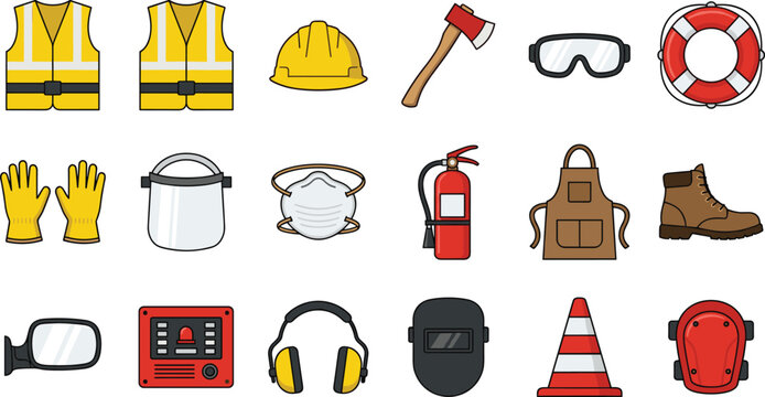 Workplace safety equipment line vector icon set featuring high visibility vest hard hat axe goggles lifebuoy gloves face shield respirator and fire extinguisher