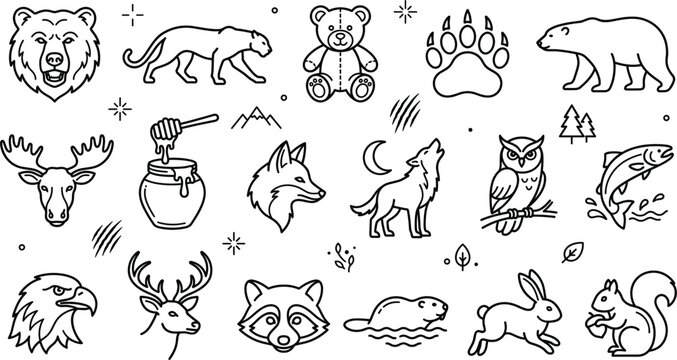 Forest wildlife line icon set featuring bear wolf fox owl eagle deer raccoon moose squirrel rabbit and beaver.