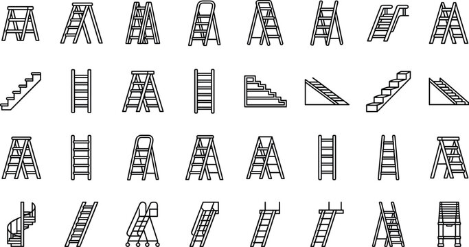 Stepladder and Extension Ladder Line Icon Set with Stairs Construction Step Stool and Scaffold Symbols for Hardware Store Website Graphic Designs