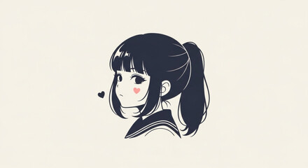 Cute Anime Girl Profile Portrait with Ponytail and Heart Detail on Cream Background © GONYONG