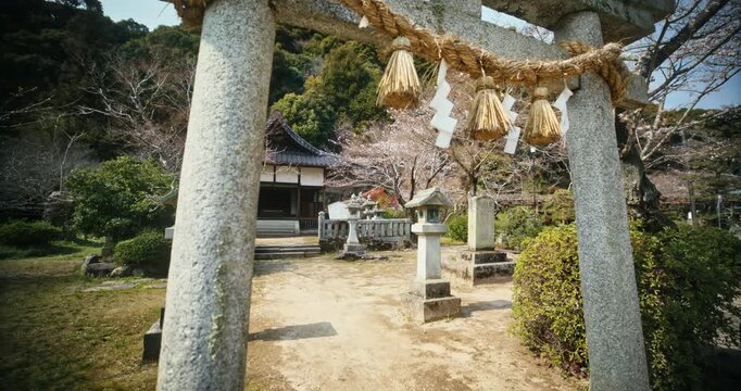 Stone Torii Gate with Shimenawa Rope at Japanese Shinto Shrine - Steady Cam Shot