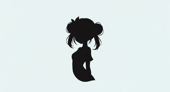 Cute Chibi Anime Girl Silhouette with Twin Buns on Light Blue Background
