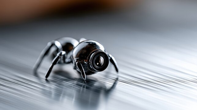 Macro photography of a mechanical robot ant with a camera lens head on a brushed metal surface