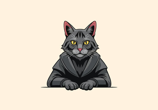 Vector illustration of a stealthy dark gray cat dressed in a black hooded tactical outfit, featuring intense yellow eyes and a focused expression, isolated on a plain light background mascot design.