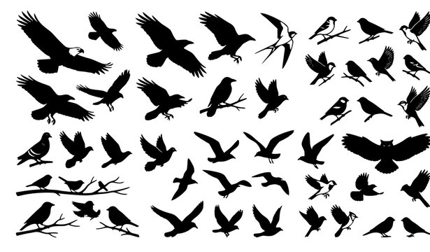 Vector collection of flying and perched wild bird silhouettes including crows eagles pigeons and swallows on white background