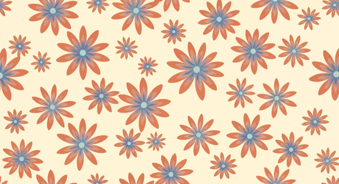 Seamless floral vector pattern featuring orange gradient daisy flowers with blue centers on a light cream background, retro 70s style repeating design for textiles and wallpapers.