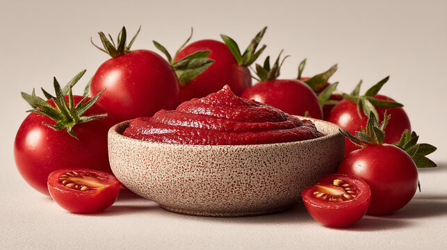 Fresh tomatoes and bowl of tomato paste with food product food ingredient food preparatio