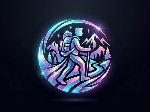 A circular neon emblem of a hiker trekking through mountains at night