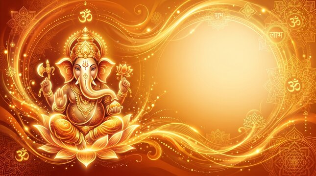 Ganesh Utsav, abstract saffron and gold gradients, spiritual light trails and sacred geometric motifs