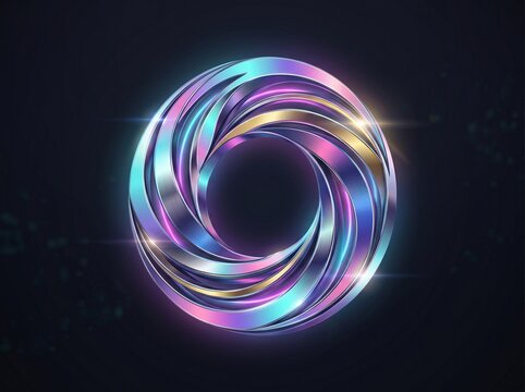 A futuristic, glowing metallic swirling vortex logo with a neon gradient