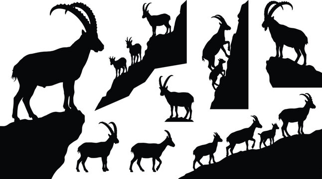 Wild Alpine Ibex and Mountain Goat Silhouette Vector Icon Set with Horned Animals Climbing Rocky Cliffs for Wildlife and Nature Graphic Designs