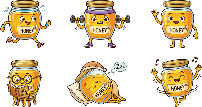 Cute honey jar cartoon mascot vector set featuring happy characters running lifting weights waving reading bee tales book sleeping in bed and dancing