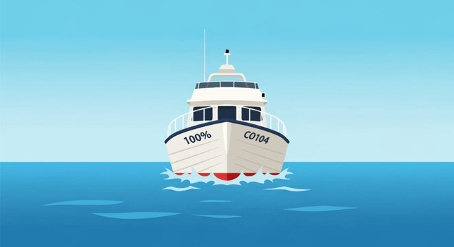 Flat vector illustration of the front view of a white fishing boat or yacht sailing on calm blue ocean water under a clear sky, featuring waves, ship hull, and cabin windows.