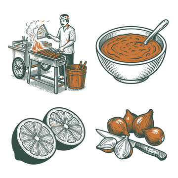 Hand drawn vector street food chef soup lemon citrus spice illustration.