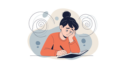 Obraz premium Woman feeling unwell, writing in notebook, mental health, stress, fatigue