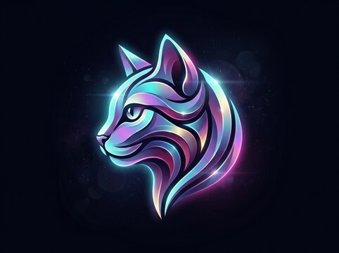 neon cat head vector logo with vibrant metallic gradients