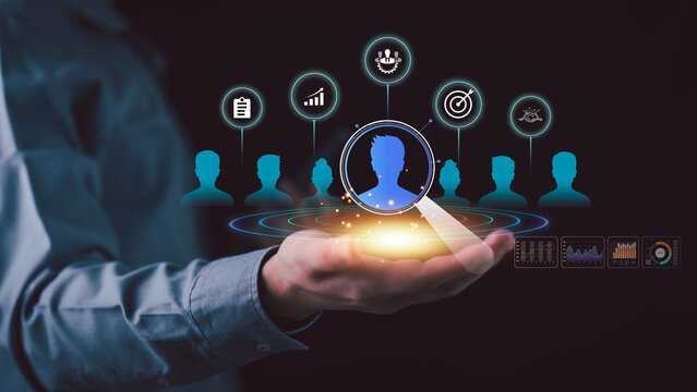 Human resources manager using data driven recruitment analytics to identify qualified candidates, evaluate workforce potential, optimize talent acquisition, employee screening, hiring strategy