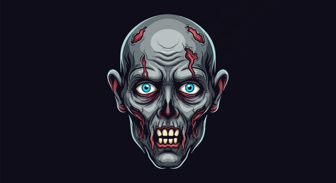 Vector illustration of a zombie head featuring gray decayed skin, bright blue eyes, exposed teeth, and bloody head lacerations, isolated on a solid dark background.