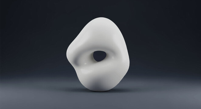 Minimalist white 3D abstract sculpture with organic egg-shaped form and central hole. Studio lighting on dark gray background. Contemporary art piece for design visualization.
