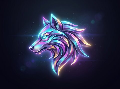 A stunning iridescent neon wolf head logo emblem, ideal for gaming teams, e-sports branding, tech startups, fantasy illustrations, apparel design, and futuristic merchandise.