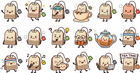 Fototapeta premium Cute tea bag cartoon mascot vector set featuring happy characters brewing in cup teapot sleeping singing reading studying exercising and holding tea time sign