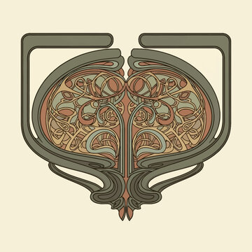 Symmetrical Art Nouveau vector ornament featuring intricate organic flowing lines, curvilinear scrollwork, and a central vertical axis in muted olive green and orange tones.