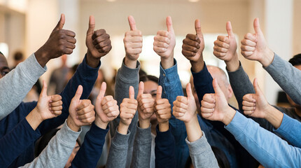 Fototapeta premium Large group of diverse hands giving a thumbs up gesture against a bright background.