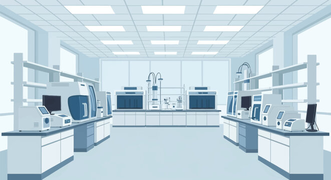 Modern empty scientific research laboratory interior illustration with professional medical equipment, analytic machines, workbenches, and sterile cleanroom environment.
