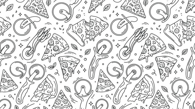Pizza slice and cutter seamless pattern background with pepperoni slices roller wheels doodle line art vector illustration collection.