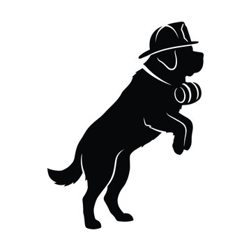 Black silhouette of a saint bernard dog wearing a firefighter helmet with a small barrel attached