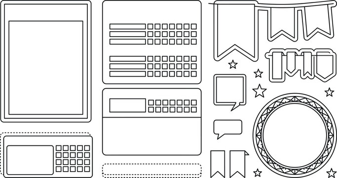 Planner template vector icon set featuring calendar layout charts ribbons bunting flags speech bubbles and journal design elements