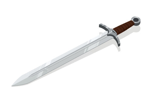 Medieval knight sword illustration with polished steel blade featuring a fuller, brown leather-wrapped handle, silver crossguard, and round pommel on white background.