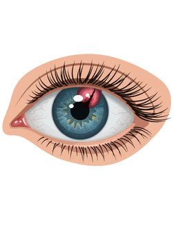 Medical vector illustration of a human eye featuring an inflamed stye or chalazion on the upper eyelid, blue iris, pupil, and bloodshot sclera with visible veins.