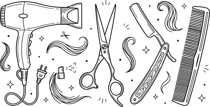 Hairdresser tools vector illustration set line art drawing with hair dryer scissors straight razor comb and salon strands