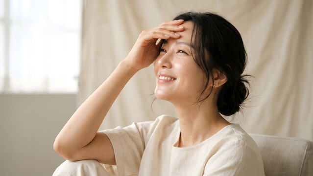 Close up portrait of a beautiful smiling Korean woman touching her forehead with hand in a bright beauty studio