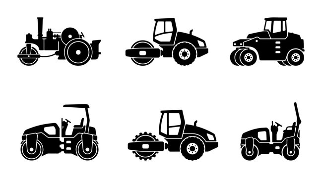 Construction Compactor Icons Set, Road Roller Vector Graphics, Heavy Machinery Silhouettes for Industry and Engineering Projects