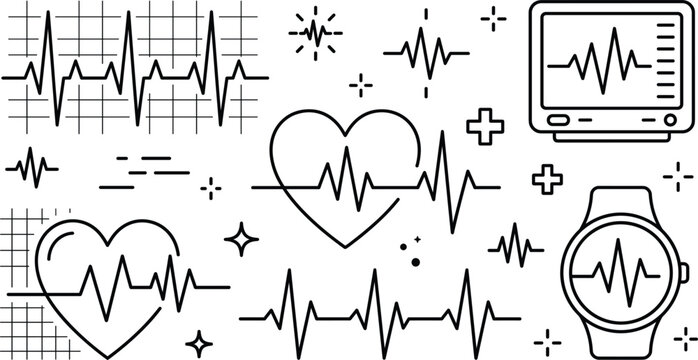 Heartbeat pulse line vector illustration set line art drawing with ecg monitor smartwatch grid charts and cardiogram