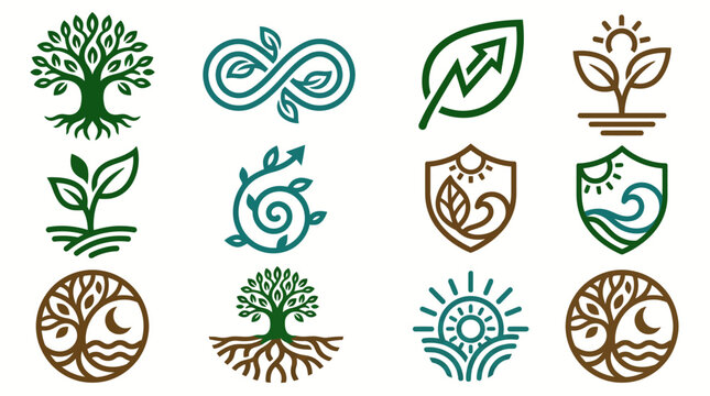 Collection of nature-inspired logos and emblems featuring trees, leaves, and environmental symbols.