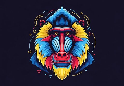 Chromatic Primate: A vibrant digital portrait, where electric hues ignite the spirit of a regal creature against an ethereal, geometric cosmos.