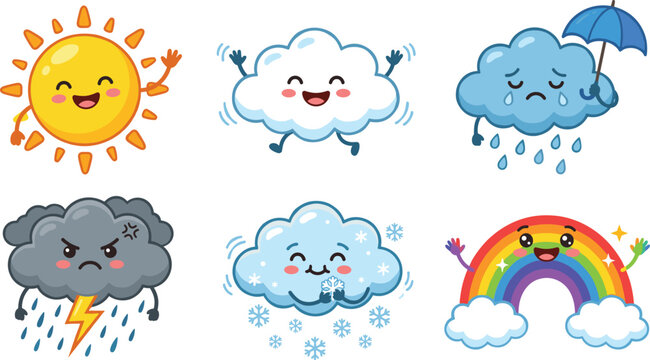 Cute weather mascot vector set featuring happy cartoon sun smiling cloud crying rainy cloud with umbrella angry lightning storm snowflake and colorful rainbow