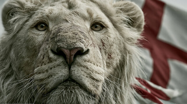 Close up portrait of a noble male lion draped in a red and white St George flag representing English football team pride