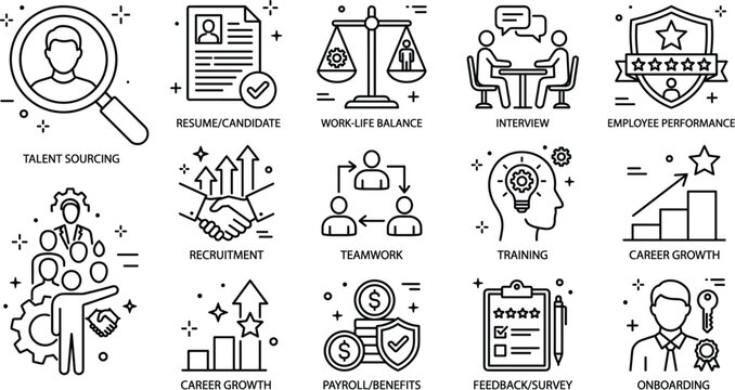 Human resources hr line art vector set with recruitment talent sourcing onboarding teamwork training payroll icon elements,