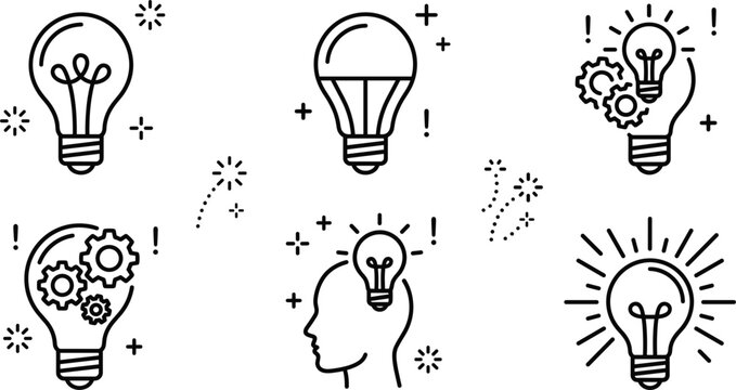 Idea and innovation line vector icon set featuring light bulbs human head with bulb cogwheels and glowing sparks.