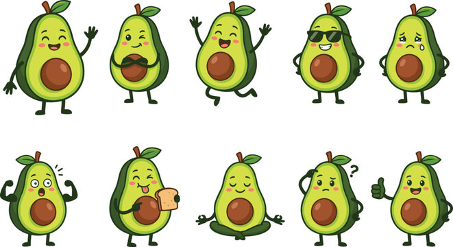 Cute avocado mascot cartoon character emoji sticker icon set with various emotions, expressions, yoga meditation, eating bread, sunglasses, and waving hand vector illustration
